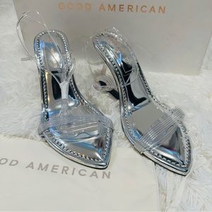 GOOD AMERICAN Cinder-F*cking-Rella Wedge in Silver - Size 6.5